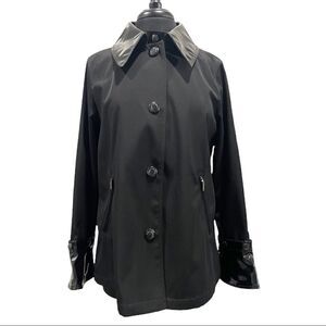 𝅺dana Buchman Black Faux Patent Leather Trim Raincoat Jacket Sz S
